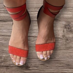 Gucci Authentic 7 US 37 EU Red Orange Leather GG Marmont Sandals Shoes Heels